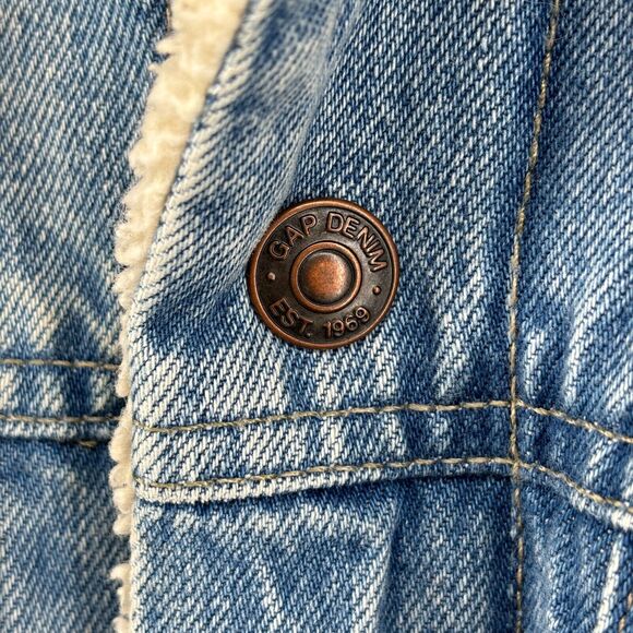 GAP DENIM Jacket Mens XL Trucker Sherpa Fleece Snap Front Cotton Light Wash Blue - Picture 8 of 14